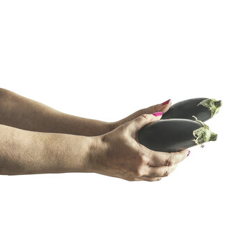 Isolated Of Women Hands Holding Eggplants