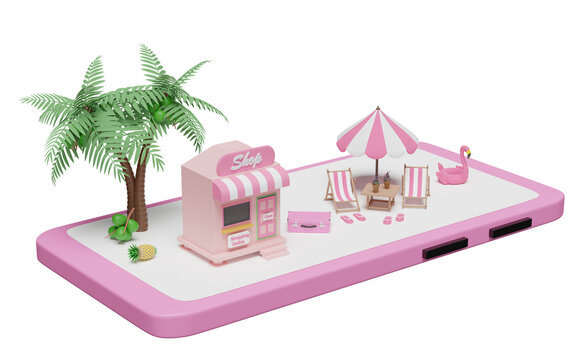mobile phone or smartphone with shop store front, beach chair, umbrella, Inflatable flamingo, palm, suitcase isolated. online shopping summer sale concept, 3d illustration or 3d render