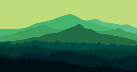 green mountains and forest background illustration