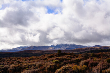 Snow blanketed volcanic cone of Mount Ngauruhoe covered by low clouds. Desolated high land field in Central Plateau of New Zealand. Tongariro National Park, North Island