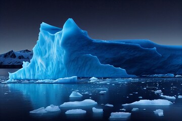 arctic landscape, iceberg at night, greenland and antarctica ice, melting ice caps, polar sea and blue sky, fictional place created with generative ai - obrazy, fototapety, plakaty