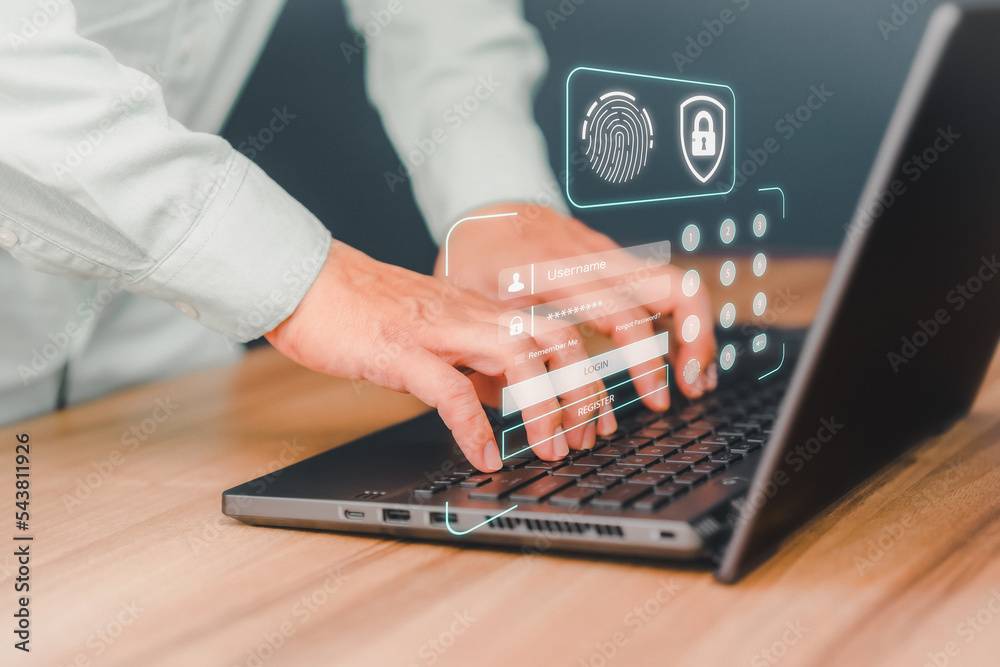 Leinwandbilder Man typing login and password, cyber security concept, Secure encryption and access to the user's private information to access the Internet.