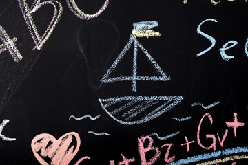 Fototapeta na wymiar drawing with colored chalk on a black slate wall. boat with the flag of ukraine