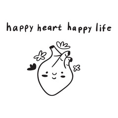 Vector simple illustration. Happy heart happy life. Outline icon on white background.