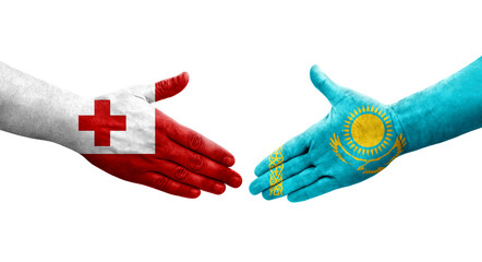 Handshake between Kazakhstan and Tonga flags painted on hands, isolated transparent image.