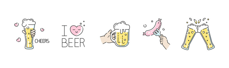 Vector beer and party icons Love beer sign with hearts, i love beer sticker, mug of beer, sausage on a fork, party cheers. Modern colorful and cute flat design set.