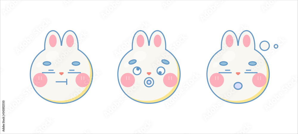 Wall mural sleepy and thoughtful cute rabbit emoji faces set. isolated on white background. vector cartoon illu