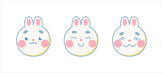 Pleased, relaxed, satisfied, and positive cute rabbit emoji faces set. Isolated on white background. Vector cartoon Illustration.
