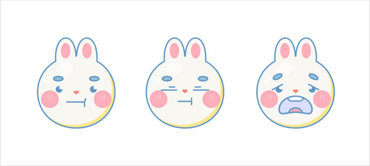 Sad and tired cute rabbit emoji faces set. Isolated on white background. Vector cartoon Illustration.
