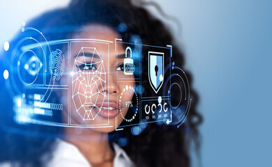 Black businesswoman and face recognition hologram, data security