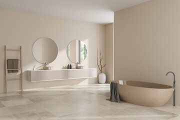 Fototapeta na wymiar Corner view on bright bathroom interior with bathtub, double sink