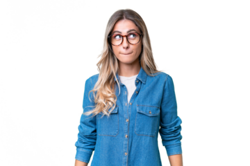 Young Uruguayan woman over isolated background having doubts while looking up