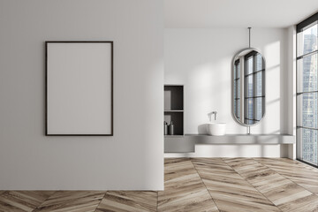 Light bathroom interior with washbasin, shelf and window. Mock up frame