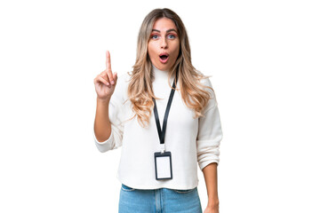 Young Uruguayan woman with ID card over isolated background intending to realizes the solution while lifting a finger up