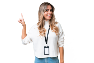 Young Uruguayan woman with ID card over isolated background showing and lifting a finger in sign of the best