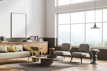 Stylish chill interior with couch and armchairs, window and mockup frame