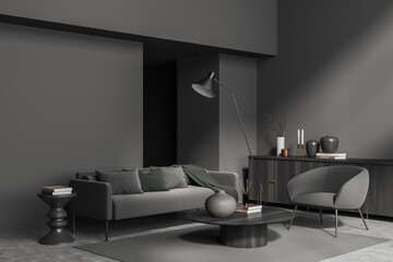 Grey meeting interior with sofa and drawer with decor. Mockup empty wall