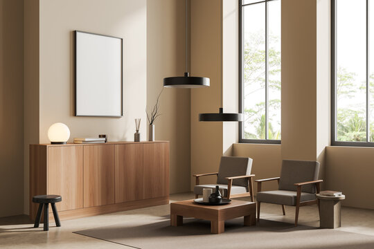Light relax interior with seats and drawer with decor, mockup frame
