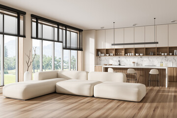 Light studio interior with chill and cooking corner with panoramic window