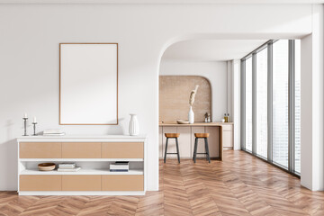 Light kitchen interior with sideboard and eating area, window. Mockup frame
