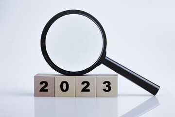2023 wood block with magnifying glass on white background.