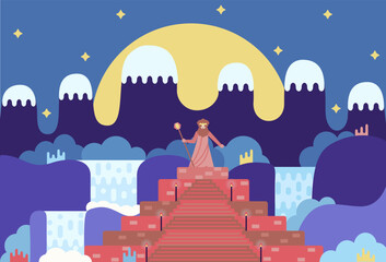 Statue of an ancient god at the top of the pyramid, vector cartoon illustration in flat stile