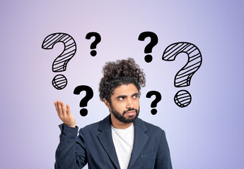 Arab businessman portrait with confused look, set of question marks