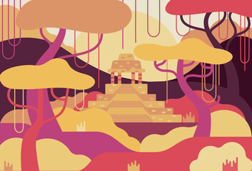 Lost City in the jungle - vector cartoon illustration in flat stile. 