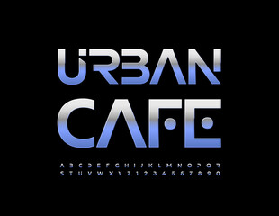 Vector silver Signboard Urban Cafe.   Modern Metallic Font. Glossy reflective Alphabet Letters and Numbers.