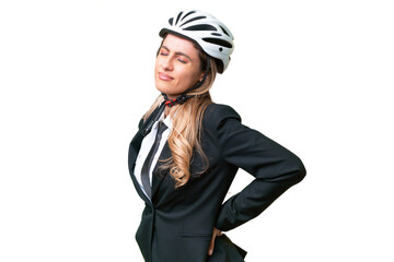 Business Uruguayan woman wearing a helmet biker over isolated background suffering from backache for having made an effort