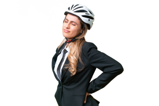 Business Uruguayan woman wearing a helmet biker over isolated background suffering from backache for having made an effort