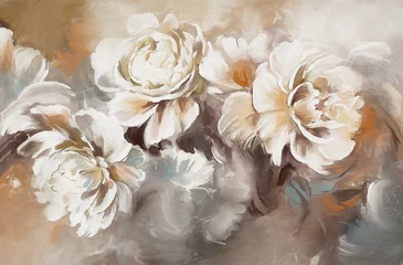 Fototapeten Oil painting with flower rose, peonies, gold leaves. Botanic print background on canvas -  floral triptych In Interior, art. © lisima
