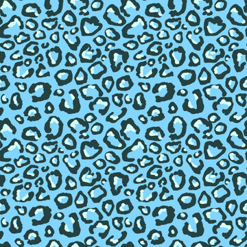 Leopard, cheetah skin print. Animal fur seamless pattern. Black and blue spots on blue background repeat print. Wild life design for textile, fabric, wallpaper, wrapping paper, decoration.