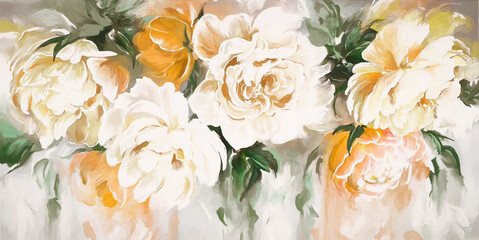 Oil painting with flower rose, peonies, gold leaves. Botanic print background on canvas -  floral triptych In Interior, art.