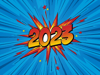 Happy new year 2023 comic greetings card with lightning blast.