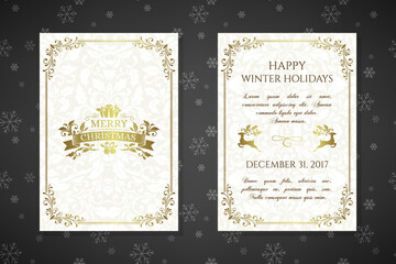 Christmas posters with golden emblems and decorations on the ornamental background.