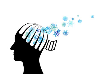 Man with head from cage with flying up snowflakes.