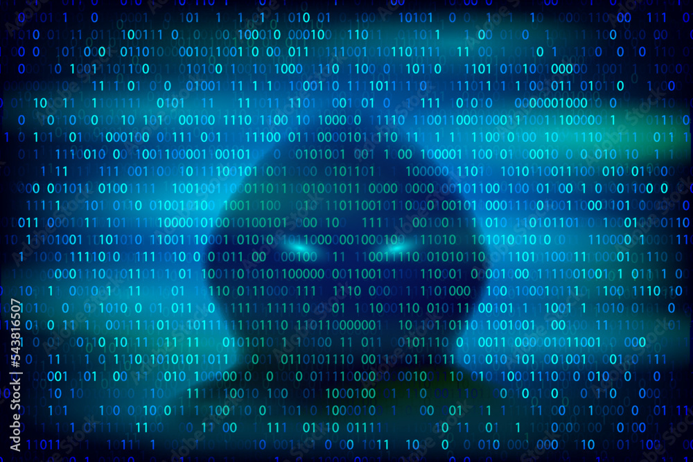 Wall mural hacker silhouette on the blue background with binary code textur