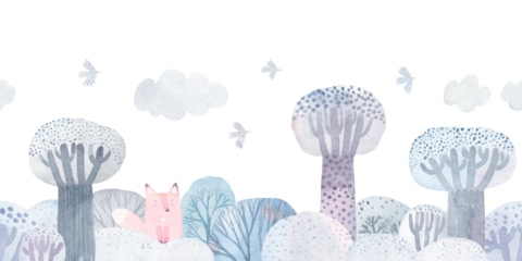 Beautiful winter forest. Snow-covered trees, bushes, snowdrifts. Watercolor illustration. Fox in winter forest.