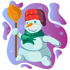 a Christmas snowman made with love with a scarf around his neck and a broom in his hands