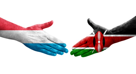 Handshake between Kenya and Luxembourg flags painted on hands, isolated transparent image.