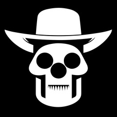 Skull wearing cowboy hat illustration, monochrome scull logo icon