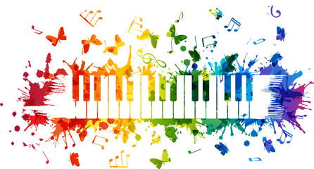 Creative rainbow musical illustration. Vector decoration element with piano keys, notes and flying butterflies. © KsanaGraphica