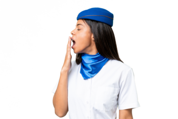 Airplane stewardess African american woman over isolated background yawning and covering wide open mouth with hand