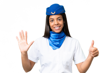 Airplane stewardess African american woman over isolated background counting six with fingers