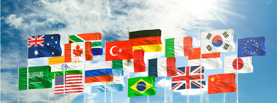 G20 summit or meeting concept. A string of G20 flags and a list of countries G20 Presidency of Indonesia