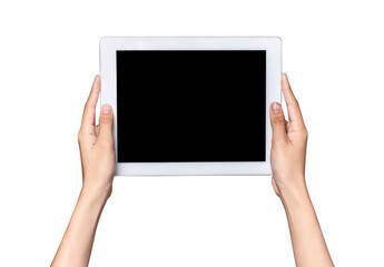 Female hands with tablet computer black screen isolated on white background with clipping path