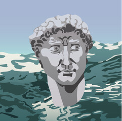 Illustration of the ancient head of the statue of David on a colorful background. A Greek statue of Michelangelo against a background of turquoise mountains and blue sky. Abstract image. Ready-to-use