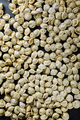 Handmade sculpt meat dumplings laid out on a black background.