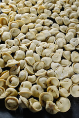 Many handmade dumplings close-up on a black background.